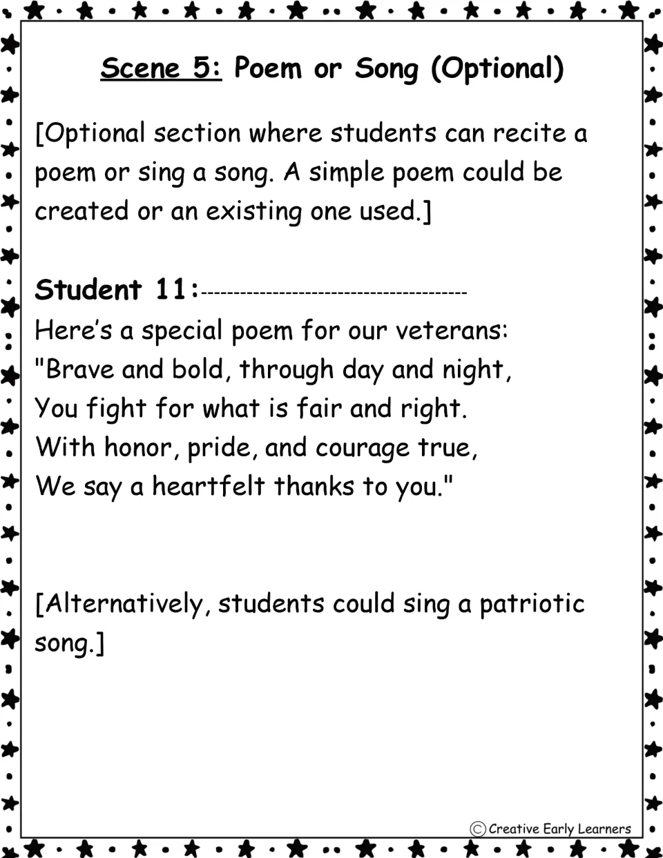 Scene 5 optional poem or song: Student 11 recites a four-line rhyming thank-you poem, or the class sings instead