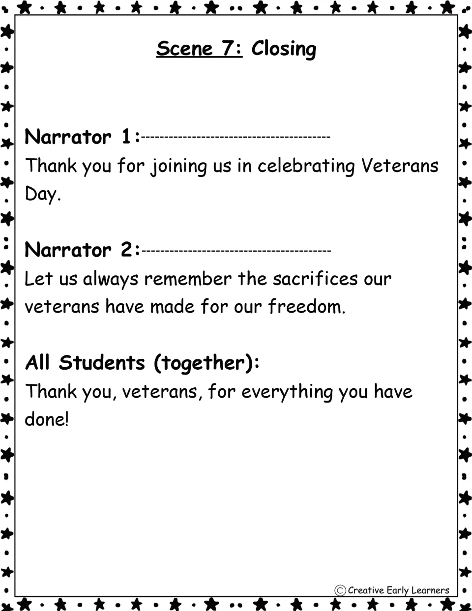 Scene 7 Closing: two narrators thank the audience and recall veterans' sacrifices before a whole-group thank-you