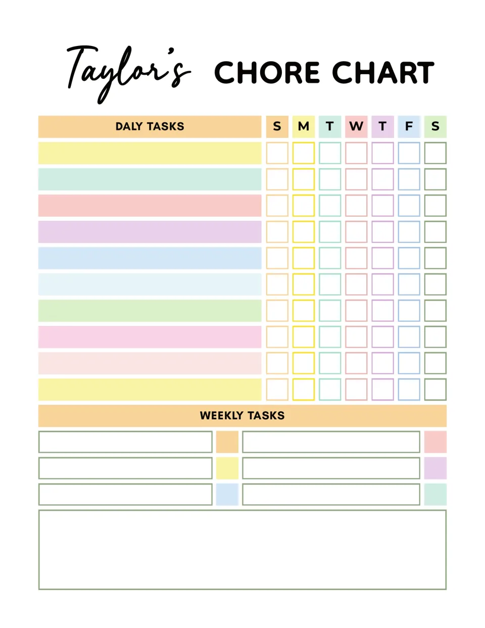 Taylor's chore chart for tracking 10 daily tasks Sunday through Saturday and six weekly tasks, all blank.