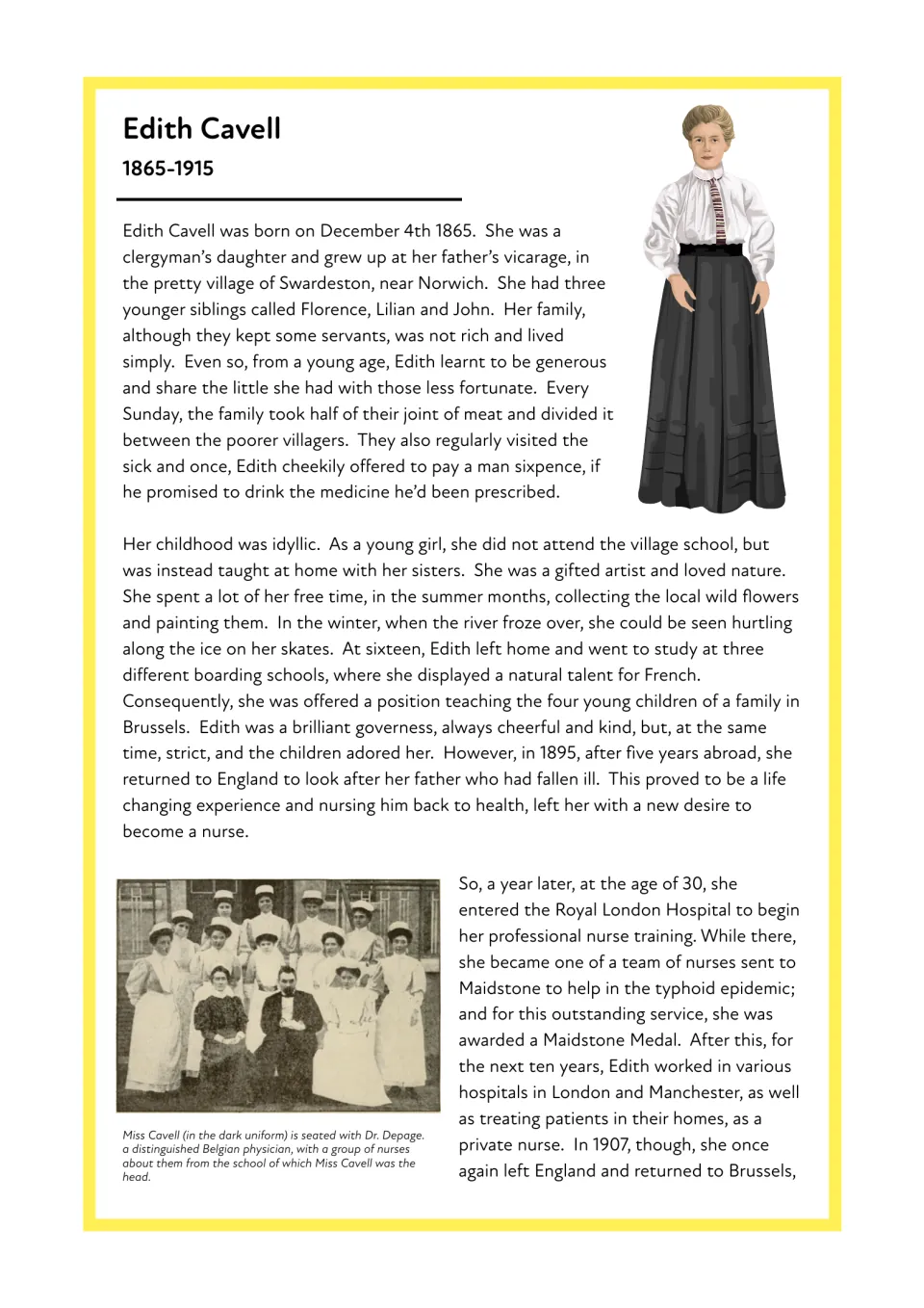 Biography opening: Edith Cavell's childhood, work as a governess, and decision to begin nursing training