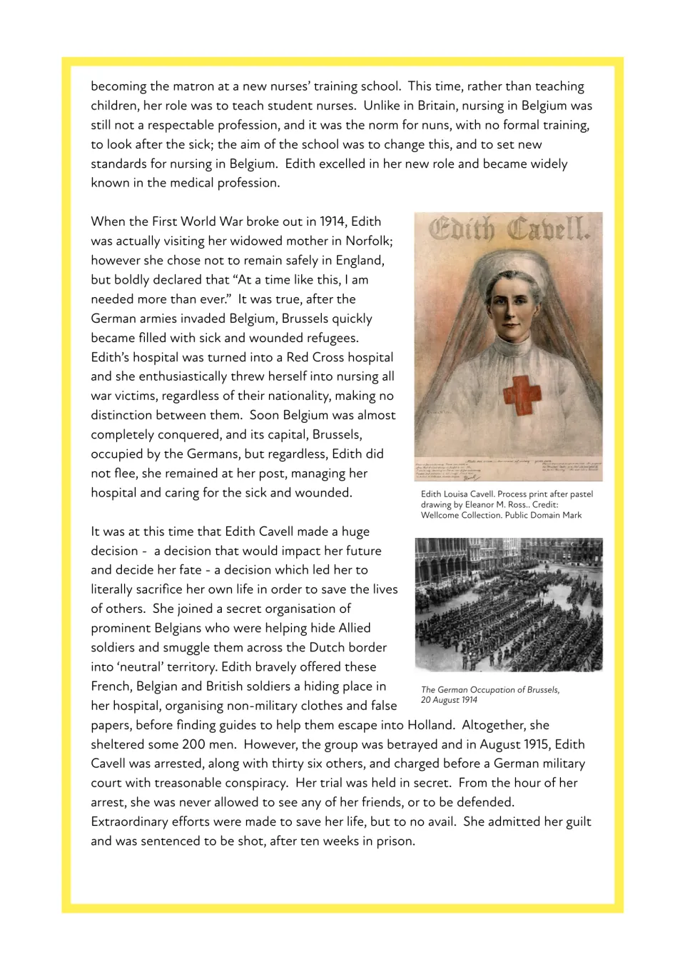 Biography continuation: Edith Cavell trains nurses in Belgium, shelters Allied soldiers, and is arrested