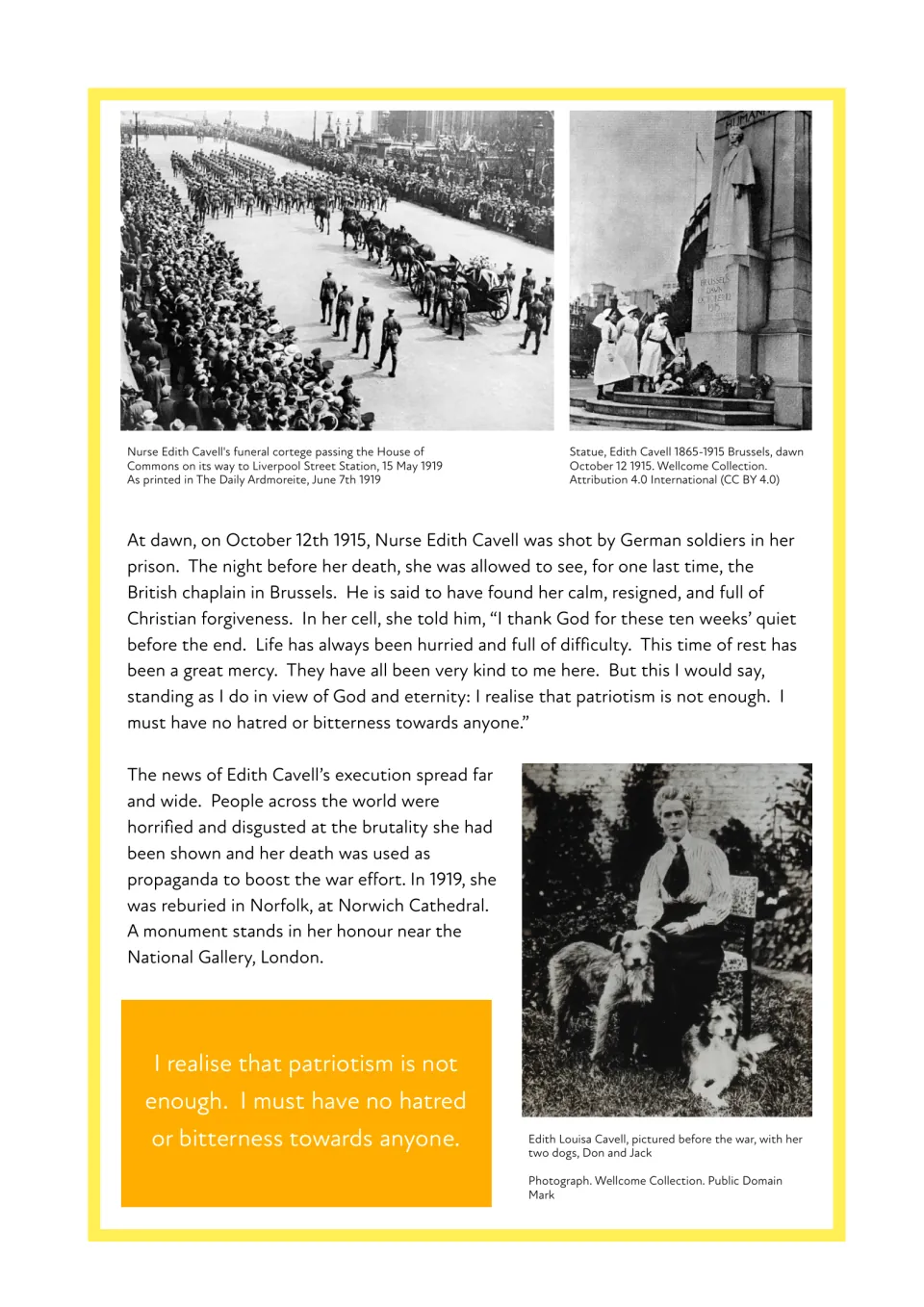 Biography conclusion: Edith Cavell's execution, final words about forgiveness, reburial, and memorial