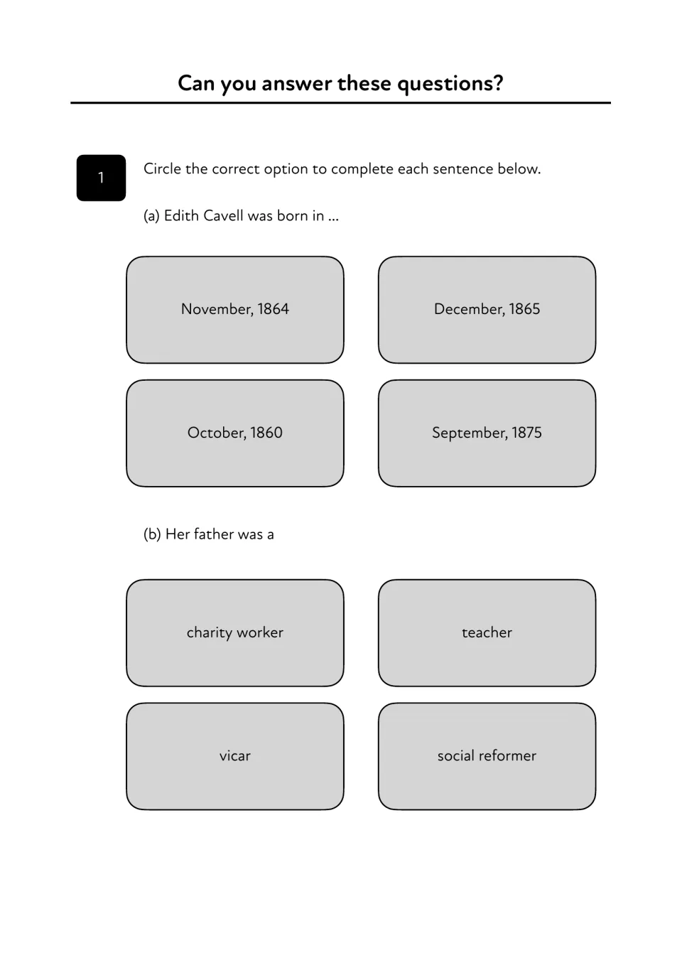 Comprehension question 1, parts a–b: choose Edith Cavell's birth month and year and her father's occupation