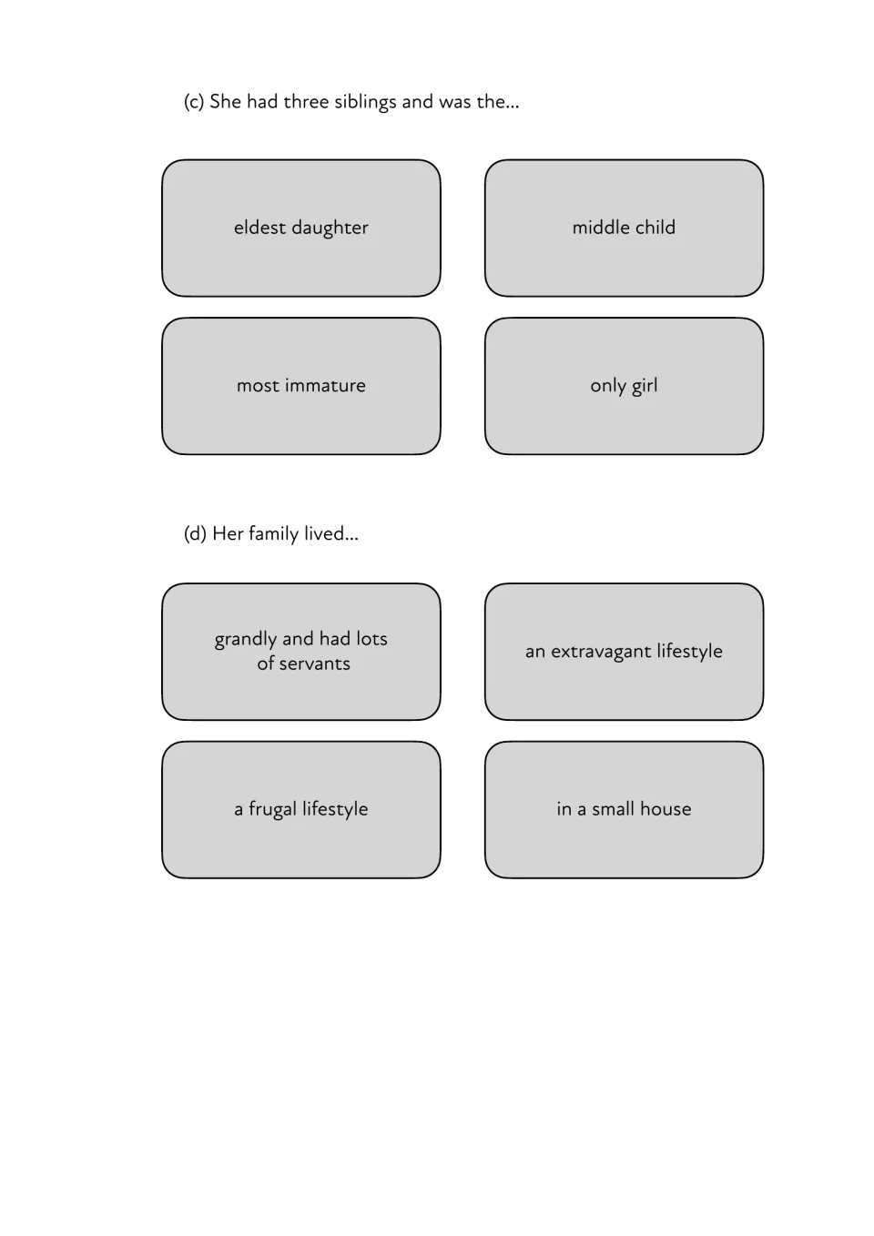 Comprehension question 1, parts c–d: choose Edith Cavell's position among her siblings and family lifestyle