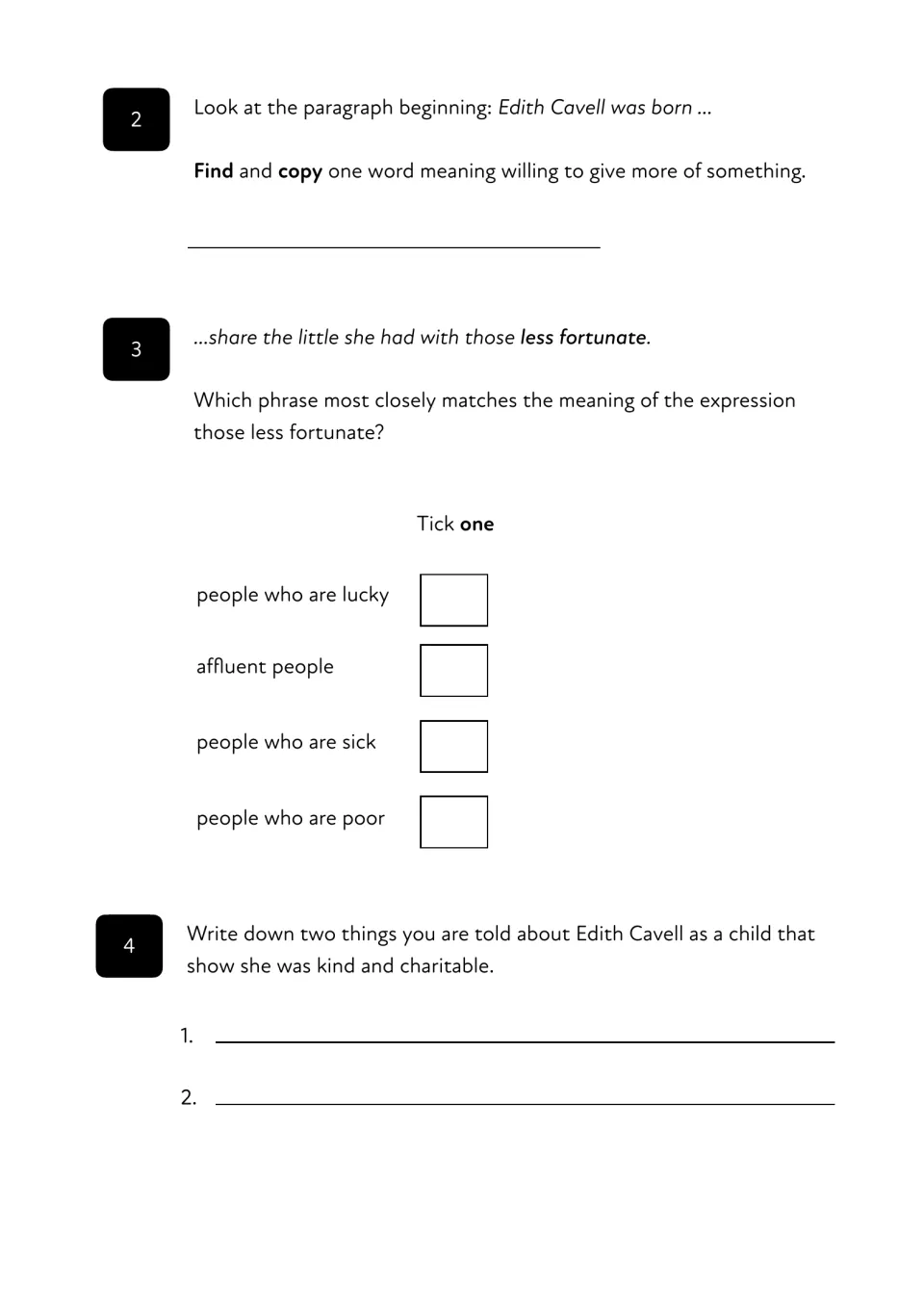 Comprehension questions 2–4: find a word for generosity, define less fortunate, and identify acts of kindness
