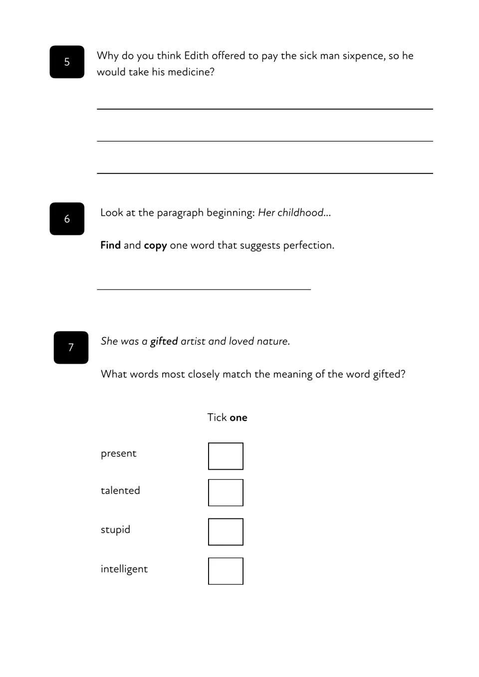 Comprehension questions 5–7: explain Edith's sixpence offer, find a word suggesting perfection, and define gifted