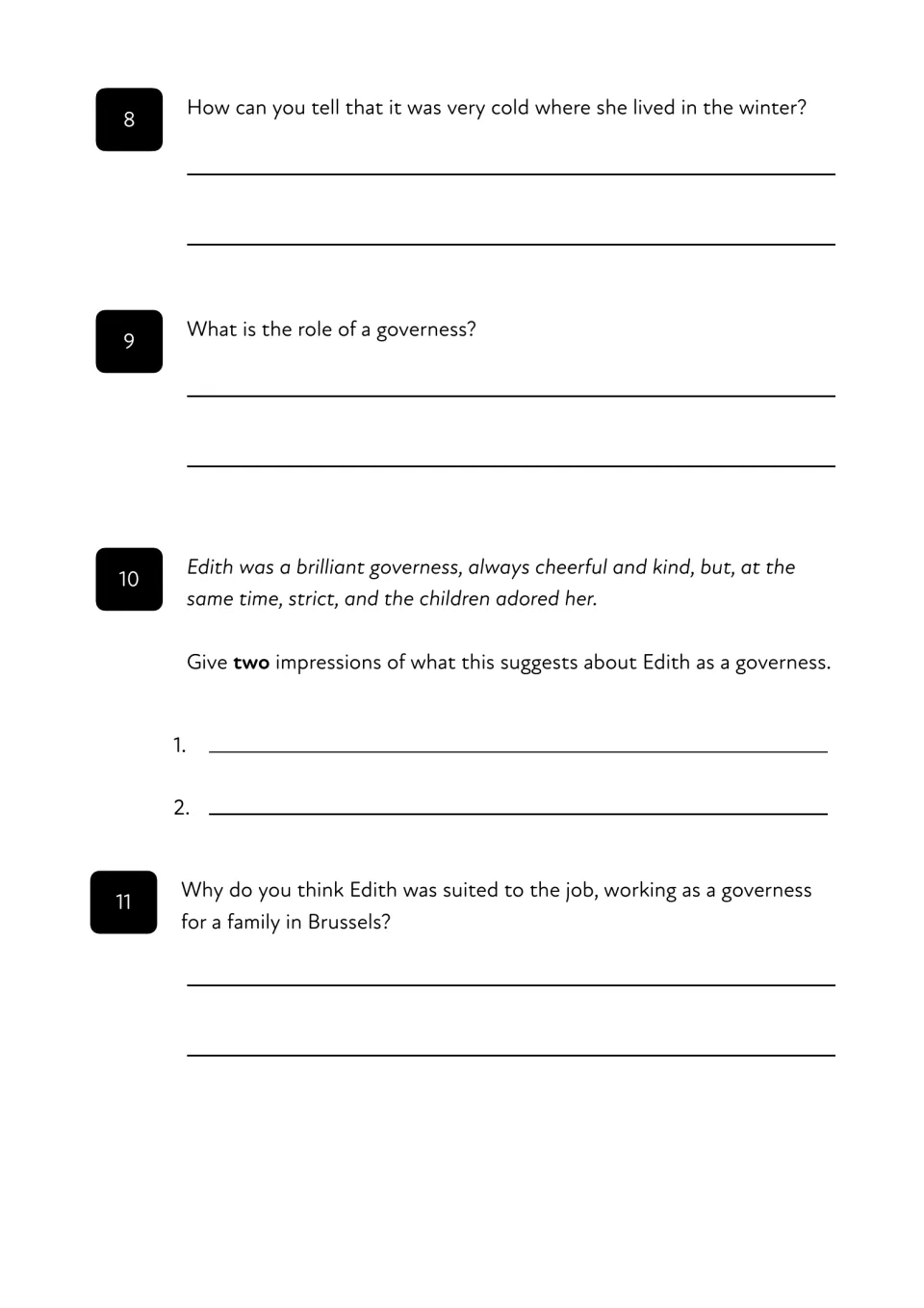 Comprehension questions 8–11: infer winter weather and explain Edith Cavell's role and strengths as a governess