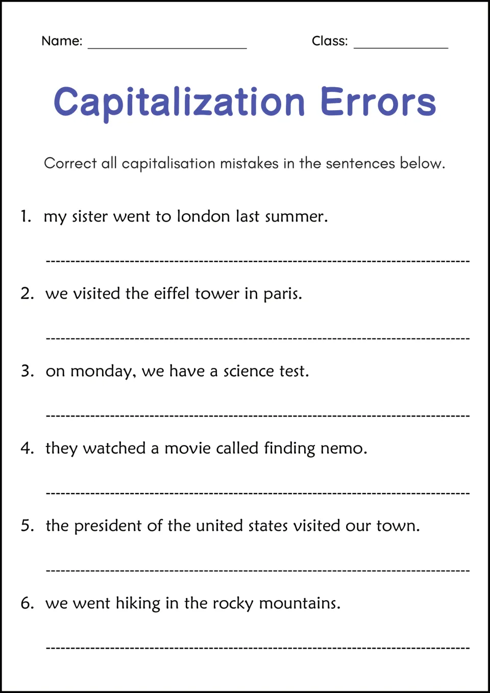 Capitalization practice: six sentences to correct, including London, the Eiffel Tower, and Finding Nemo.