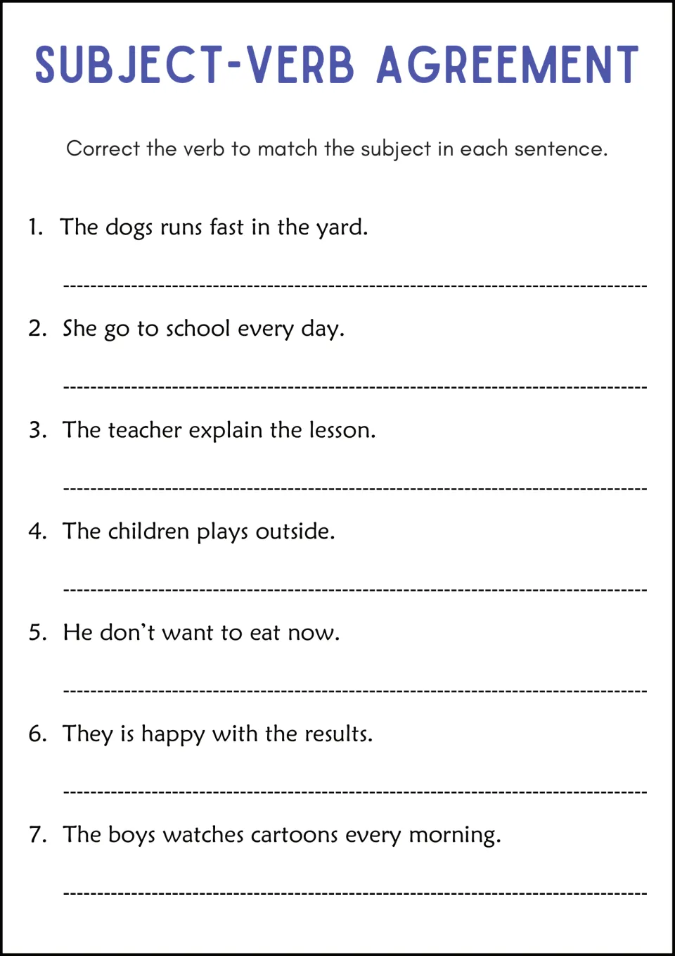 Subject-verb agreement practice: seven sentences to correct, including 'The dogs runs fast in the yard.'