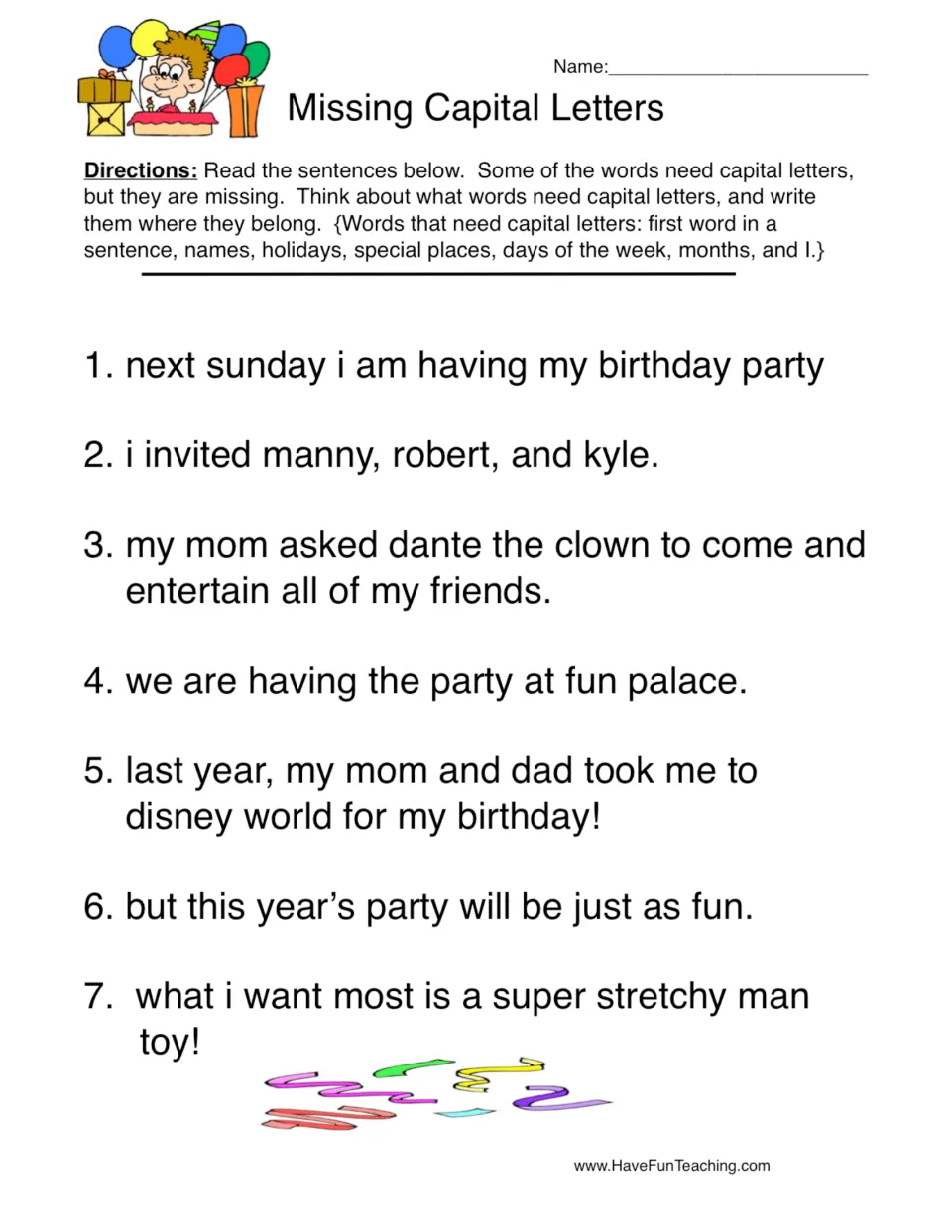 Capitalization practice: seven birthday party sentences about Sunday, friends, Fun Palace, and Disney World.