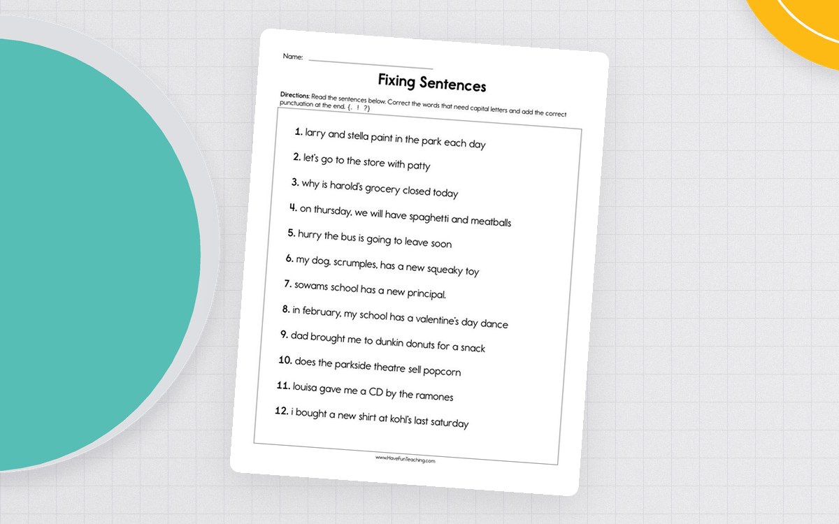 Editing Sentences Worksheet preview: Twelve sentences needing edits