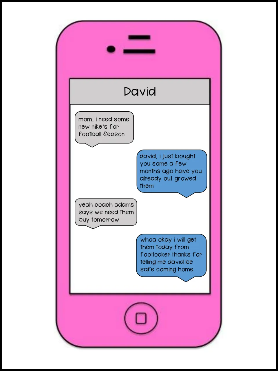 David's four-message editing conversation about new football shoes, Coach Adams, and a Footlocker trip