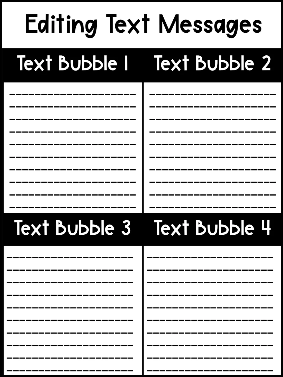 Editing response template for rewriting the four messages, with sections labeled Text Bubble 1 through 4