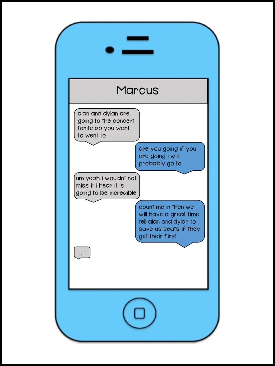 Marcus's four-message editing conversation about joining Alan and Dylan at a concert and saving seats
