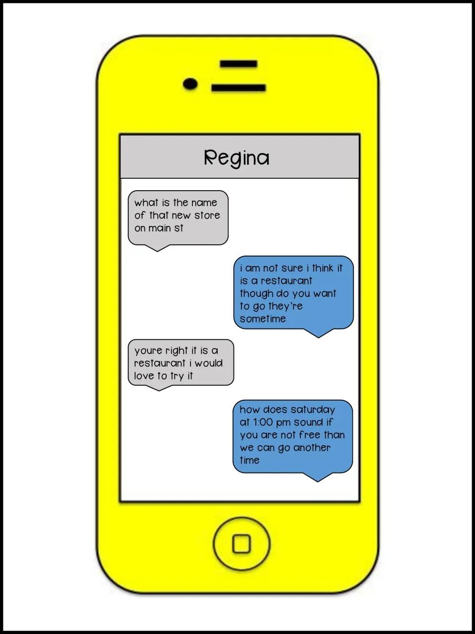 Regina's four-message editing conversation about a new restaurant on Main Street and Saturday lunch plans