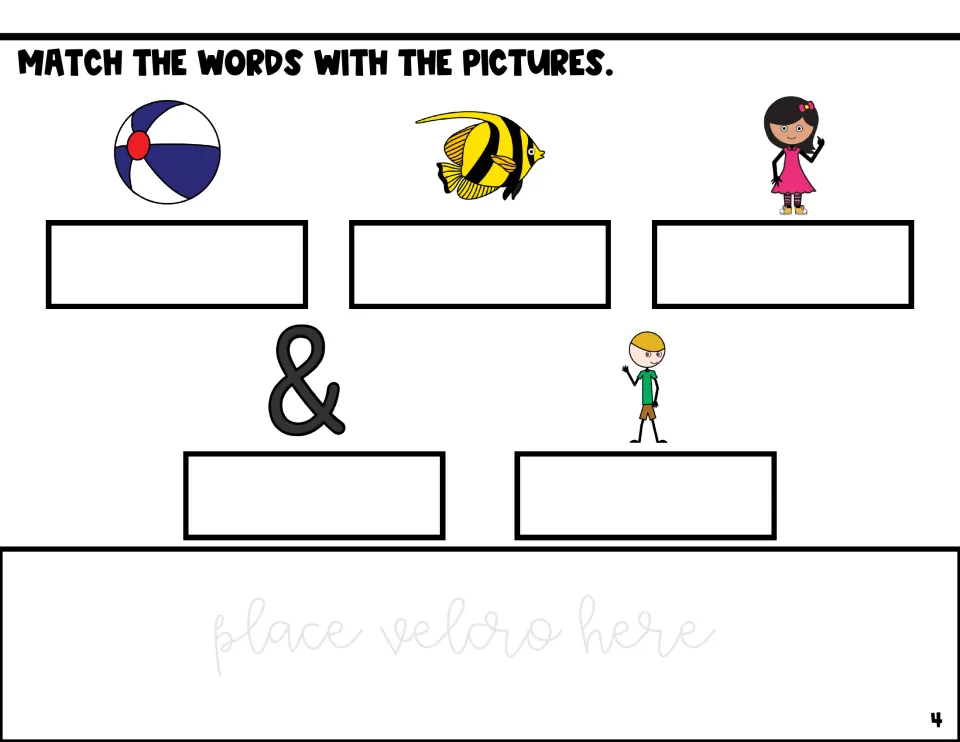 Match the words with the pictures: students place word cards under a ball, a fish, a girl, an ampersand and a boy