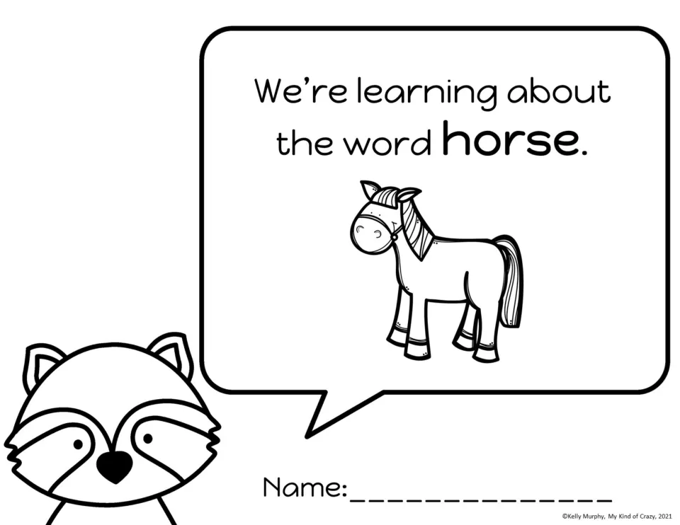 Sight word intro for horse: a cartoon raccoon's speech bubble announces the lesson beside an animal drawing
