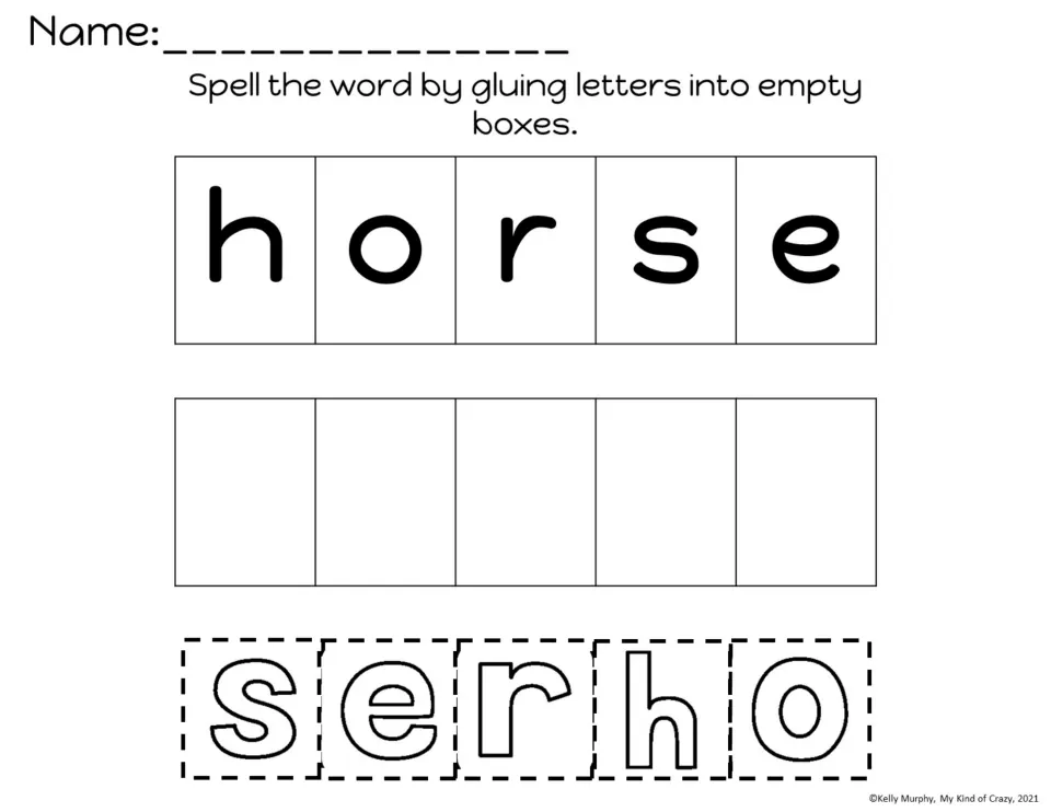 Spelling horse: students cut out the scrambled letters s, e, r, h, o and glue them in order under the model word