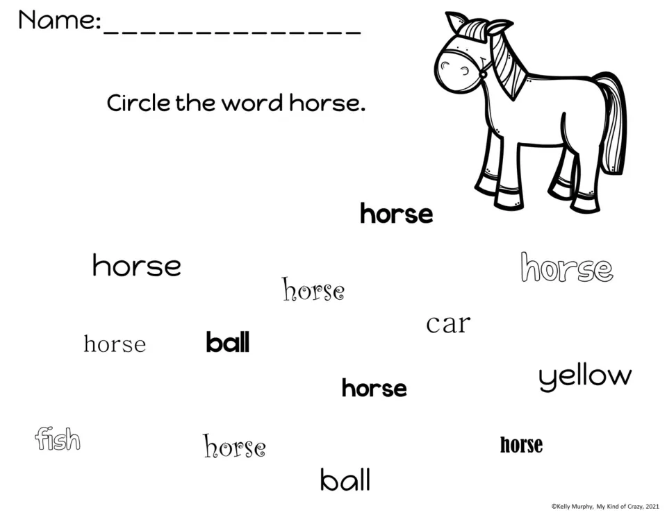 Word recognition: students find and circle horse in different fonts among distractors ball, car, yellow and fish