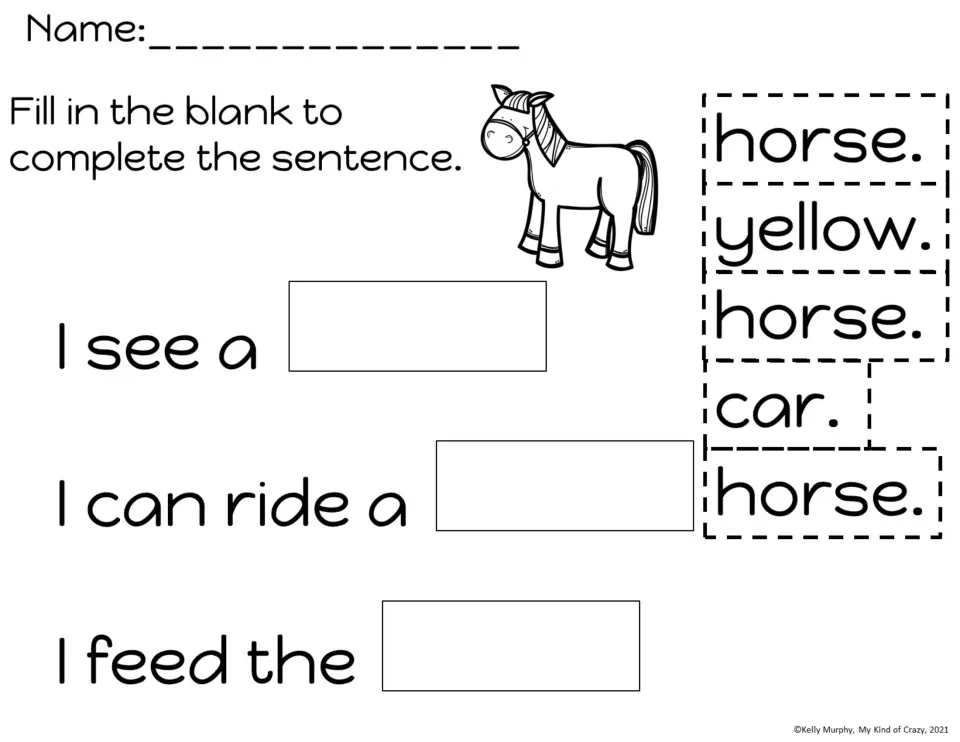Sentence completion with horse: students cut and glue word cards to finish I see a, I can ride a and I feed the