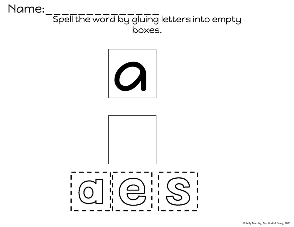 Spelling the word a: students choose the letter a from cut-out letters a, e and s and glue it under the model
