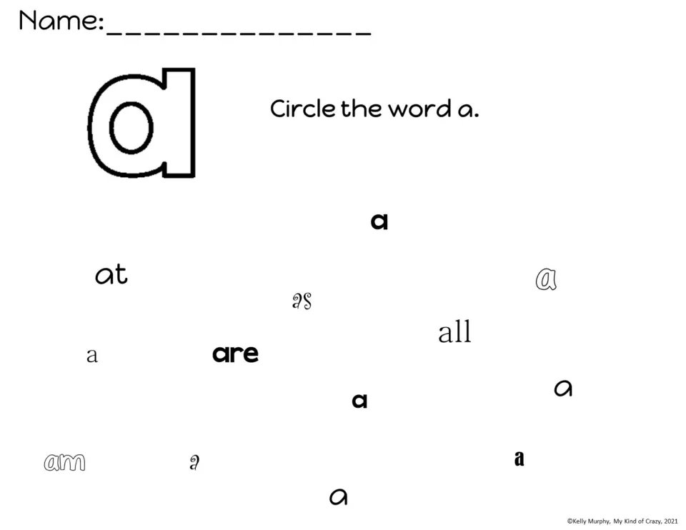 Word recognition for a: students circle every a in varied fonts while skipping at, as, all, are and am