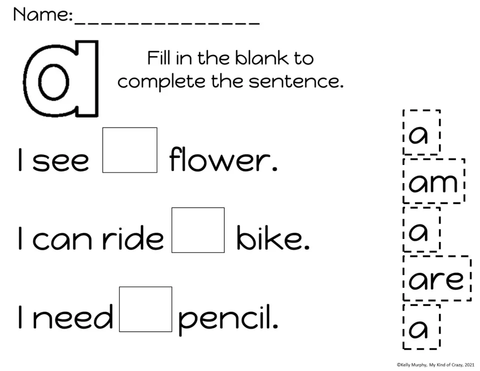 Using a in sentences: students glue a into I see _ flower, I can ride _ bike and I need _ pencil, skipping am and are
