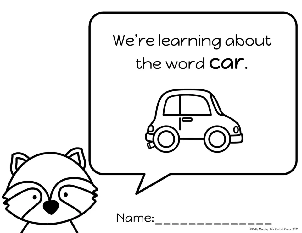Sight word intro for car: the raccoon's speech bubble names the target word above a drawing of a vehicle, plus a name line