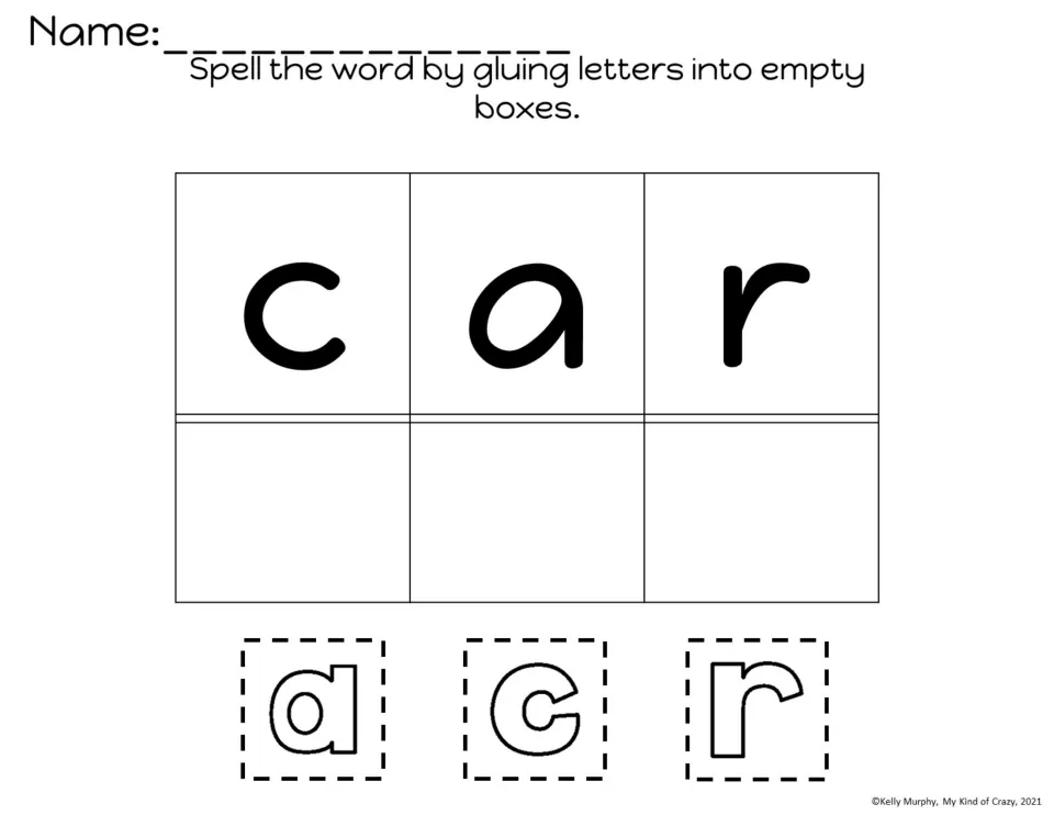 Spelling car: students cut out the letters a, c and r and glue them in order beneath the model letters c-a-r