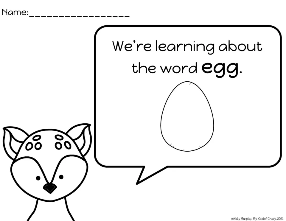 Word introduction sheet for egg, showing an egg illustration and the sentence 'We’re learning about the word egg.'