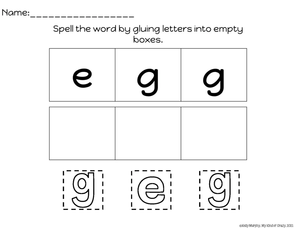 Build-the-word sheet for egg, showing the model word and cutout letters g, e, g to glue in spelling order.