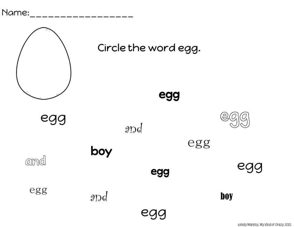 Find-the-word sheet for egg, asking students to circle egg in different fonts among the words and and boy.