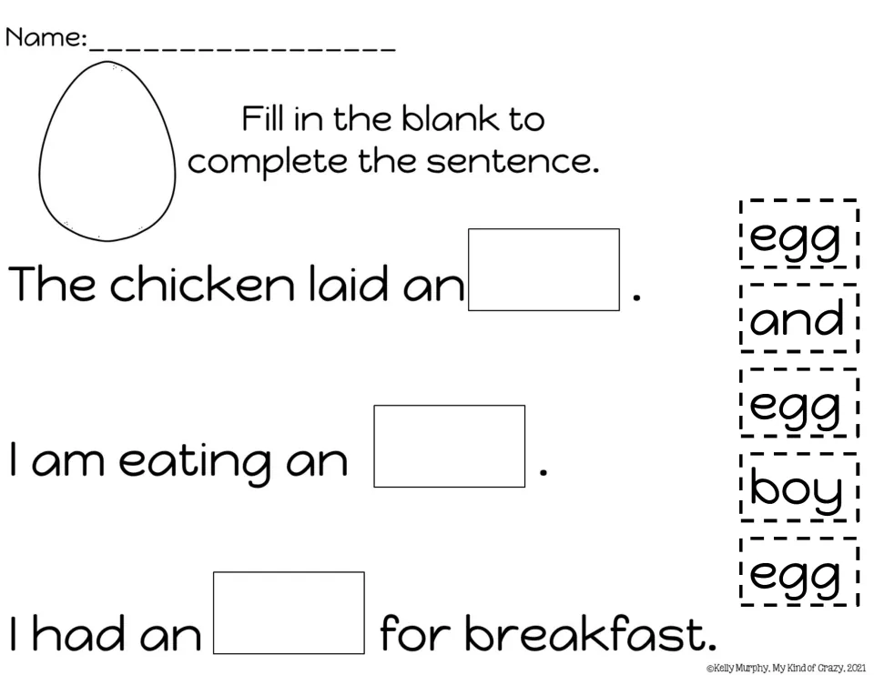 Sentence completion sheet for egg, with three sentences about laying or eating an egg and cutout word choices.