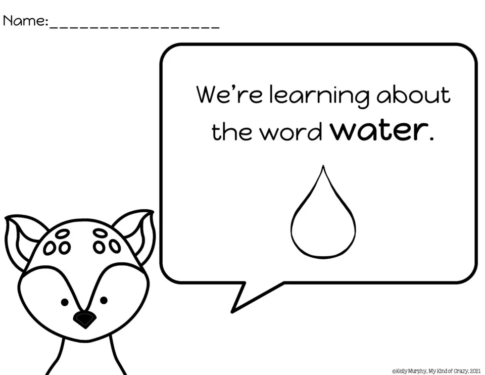 Word introduction sheet for water, pairing a water droplet illustration with 'We’re learning about the word water.'