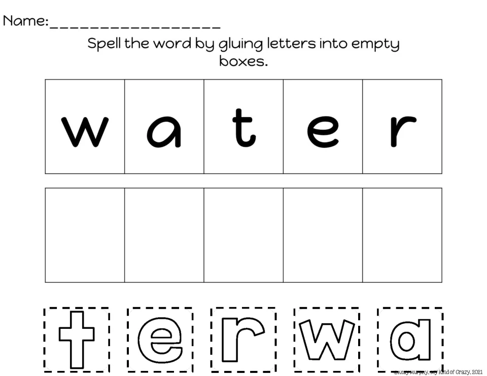 Build-the-word sheet for water, showing the model word and cutout letters t, e, r, w, a to arrange and glue.