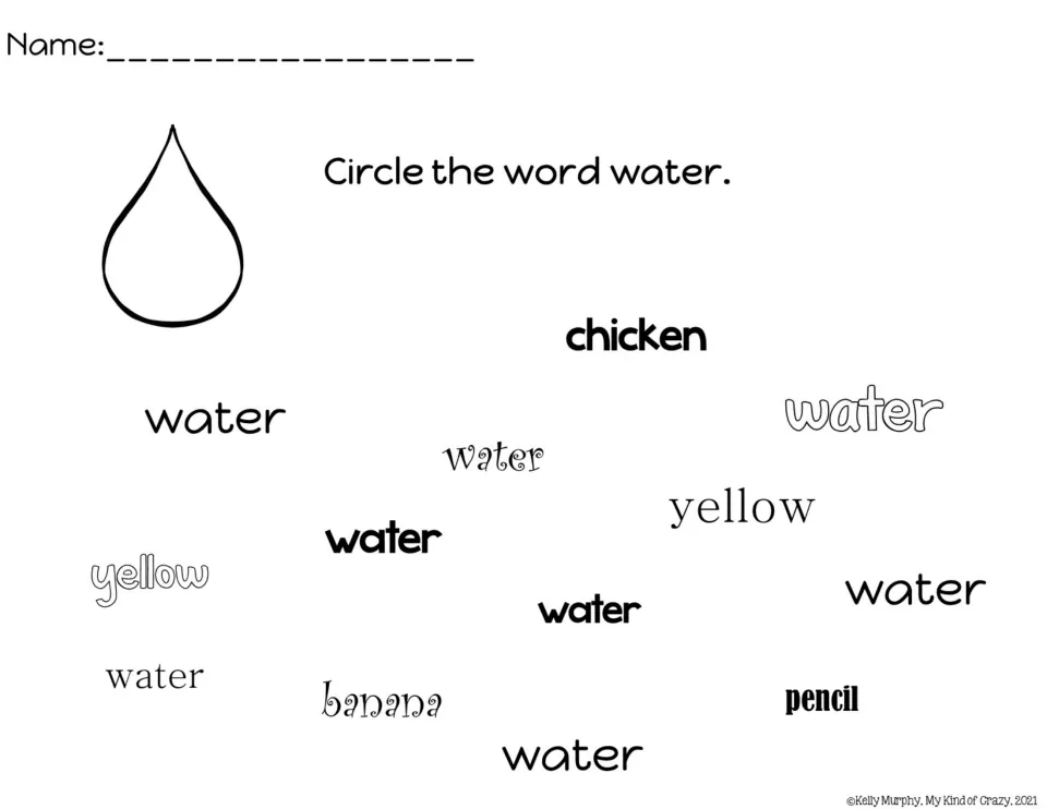 Find-the-word sheet for water, asking students to circle water among chicken, yellow, banana, and pencil.