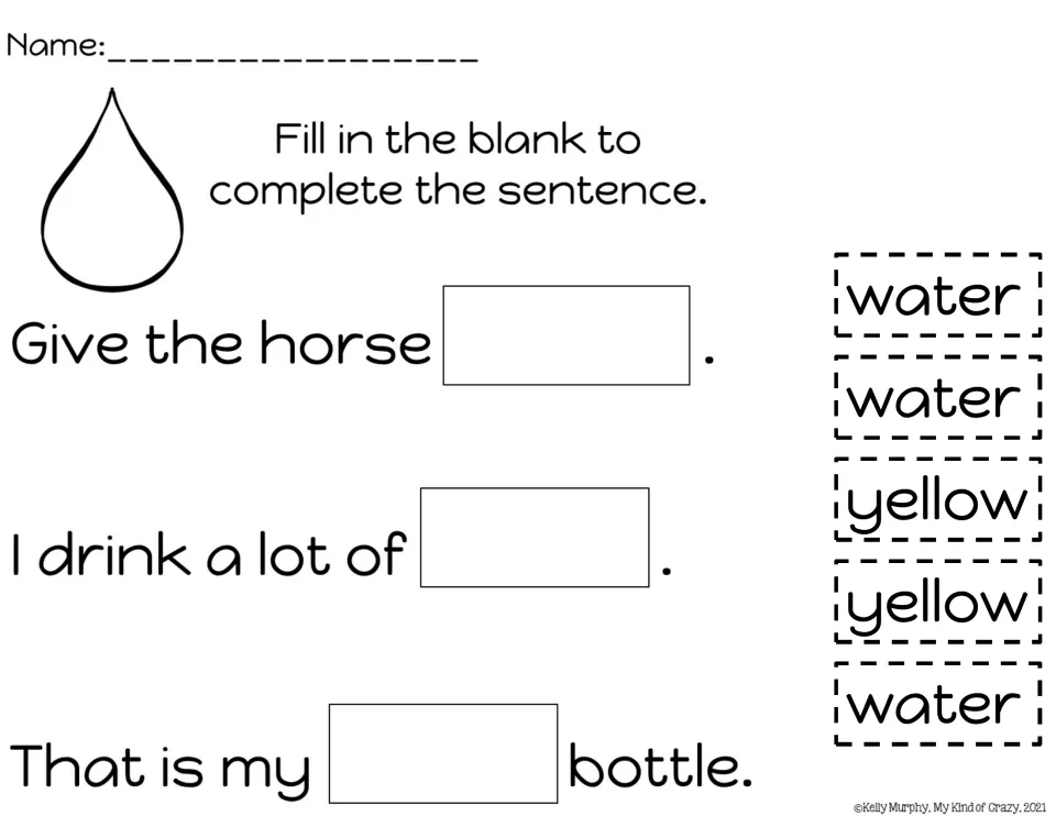 Sentence completion sheet for water, with horse, drinking, and bottle sentences and water or yellow word choices.