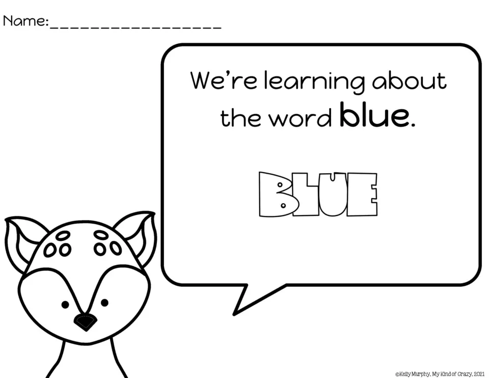 Word introduction sheet for blue, showing 'We’re learning about the word blue' and outlined BLUE lettering.