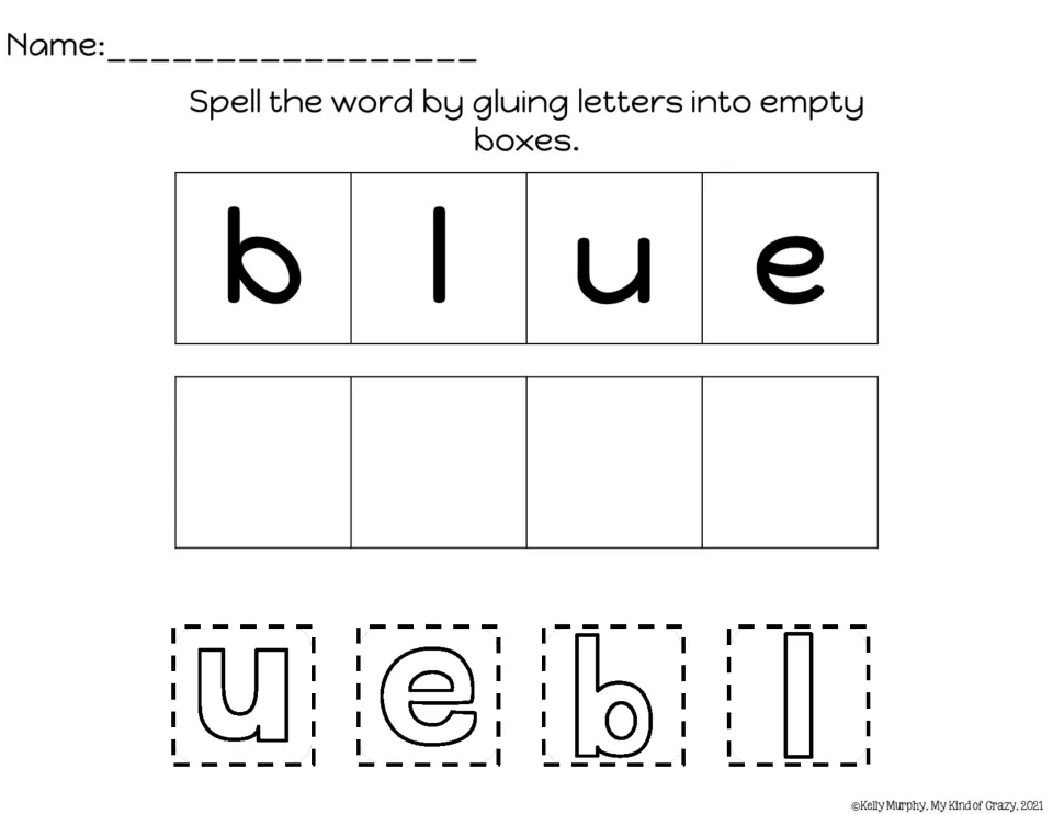 Build-the-word sheet for blue, showing the model word and cutout letters u, e, b, l to arrange and glue.