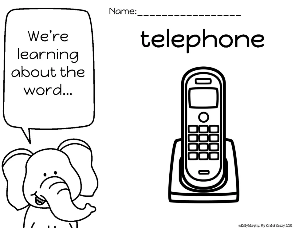 Target-word introduction for telephone, showing the printed word and an illustration of a cordless telephone.