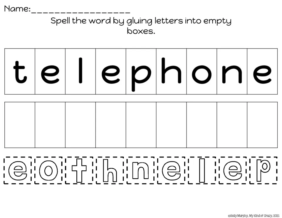 Spelling practice for telephone: students cut out scrambled letters and glue them to match the printed word.