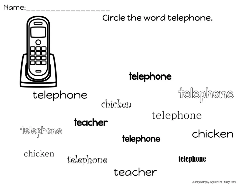 Word-identification practice: circle telephone in different fonts among the words chicken and teacher.