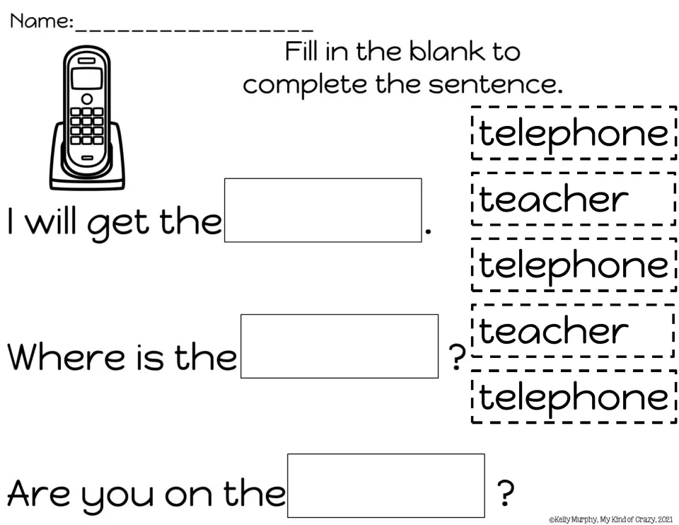 Sentence-completion practice for telephone: fill three blanks using cut-out choices telephone and teacher.