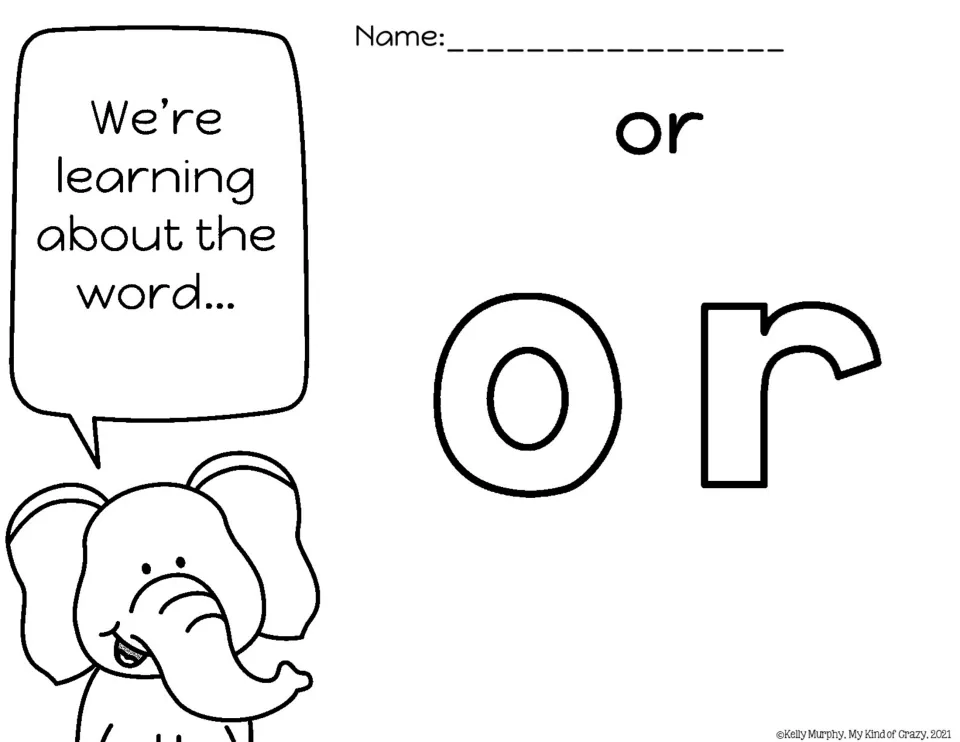 Target-word introduction for or, showing the word above enlarged outline letters as part of the practice set.