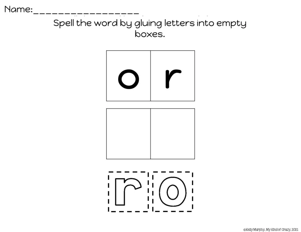 Spelling practice for or: students cut out the letters r and o, then glue them in order to match the word.