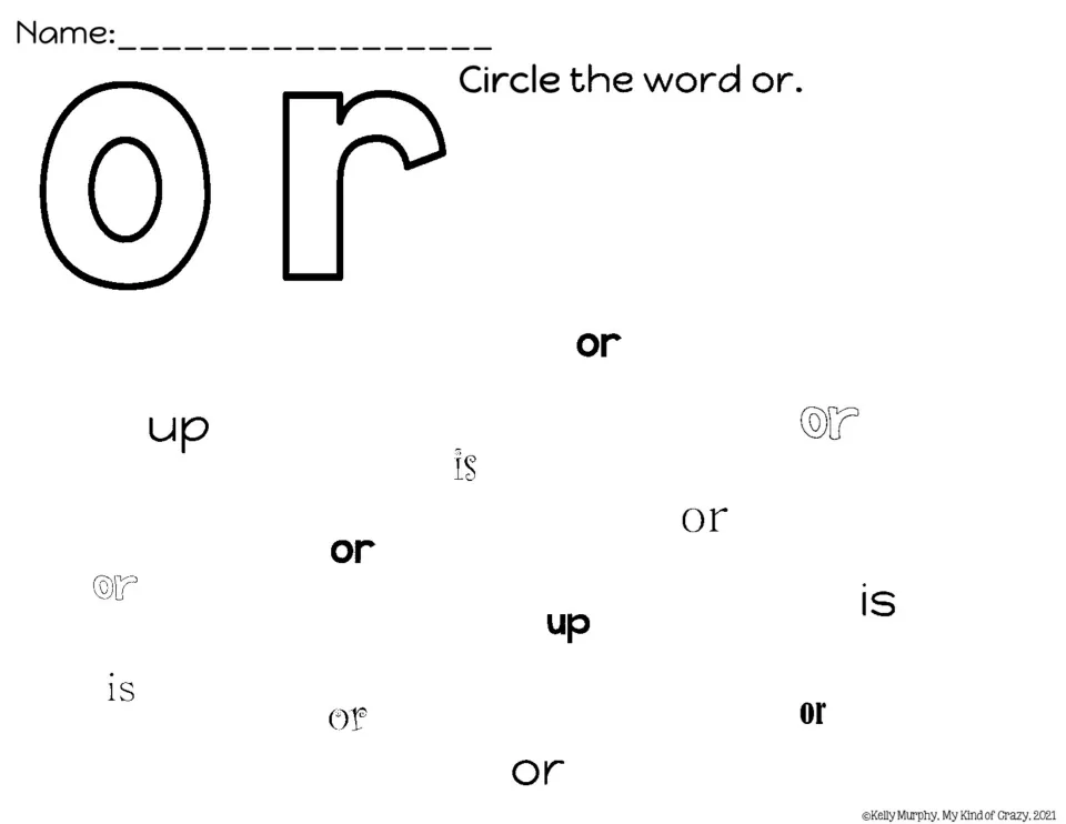 Word-identification practice for or: students circle the target word in different fonts among up and is.