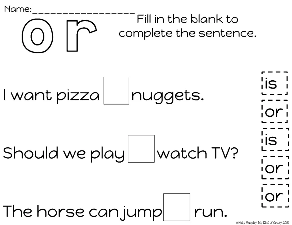 Sentence-completion practice for or: fill blanks about pizza or nuggets, play or watch TV, and jump or run.