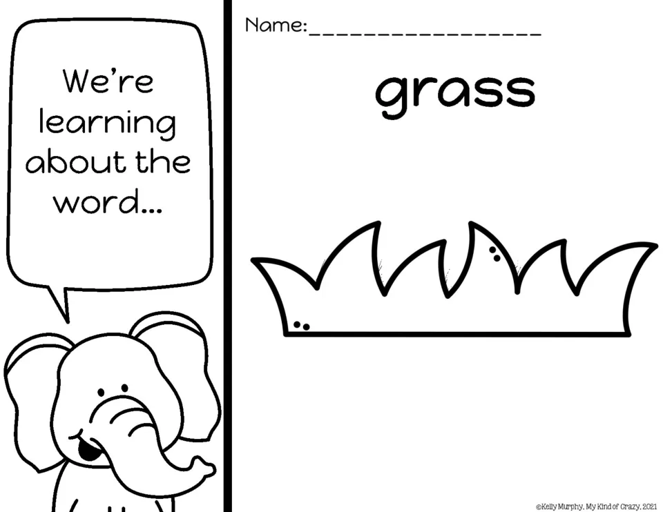 Target-word introduction for grass, pairing the printed word with an illustration of a patch of grass.