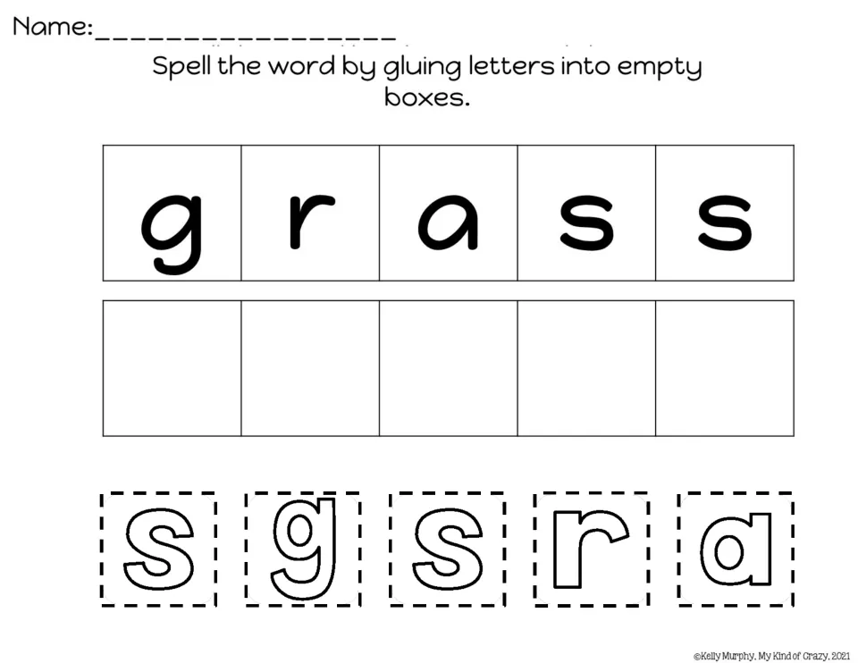Spelling practice for grass: students cut out scrambled letters and glue them in order beneath the model.