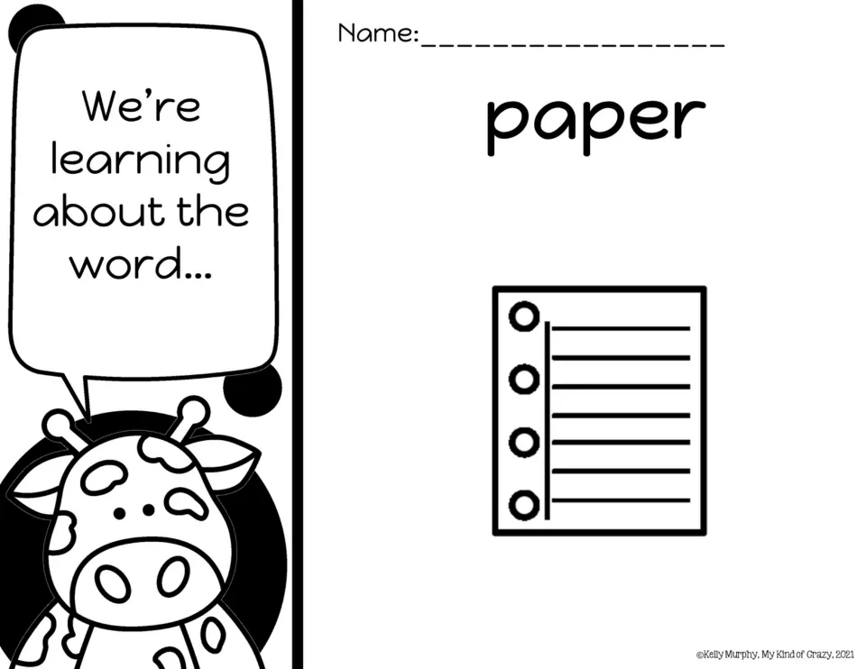 Sight word intro for "paper": a giraffe says "We're learning about the word..." beside the word and a notebook picture